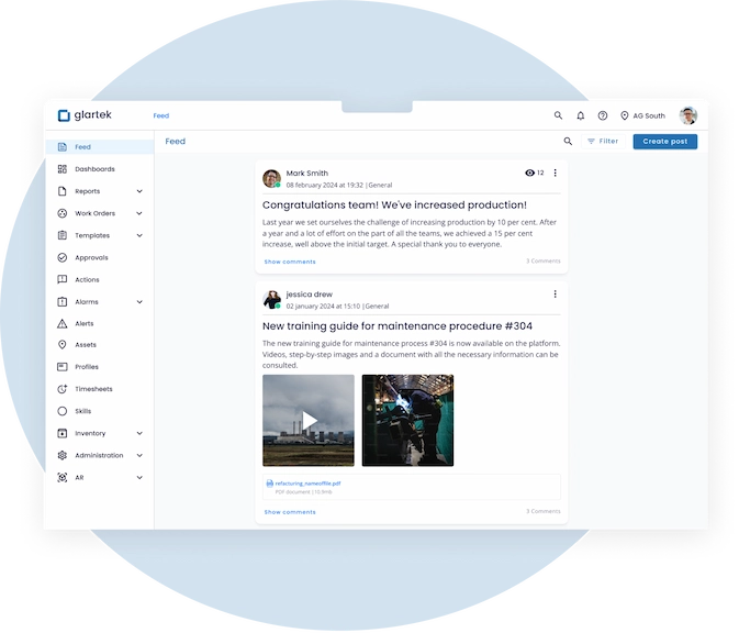 Collaboration & communication tool Connected worker communication feed and notifications
